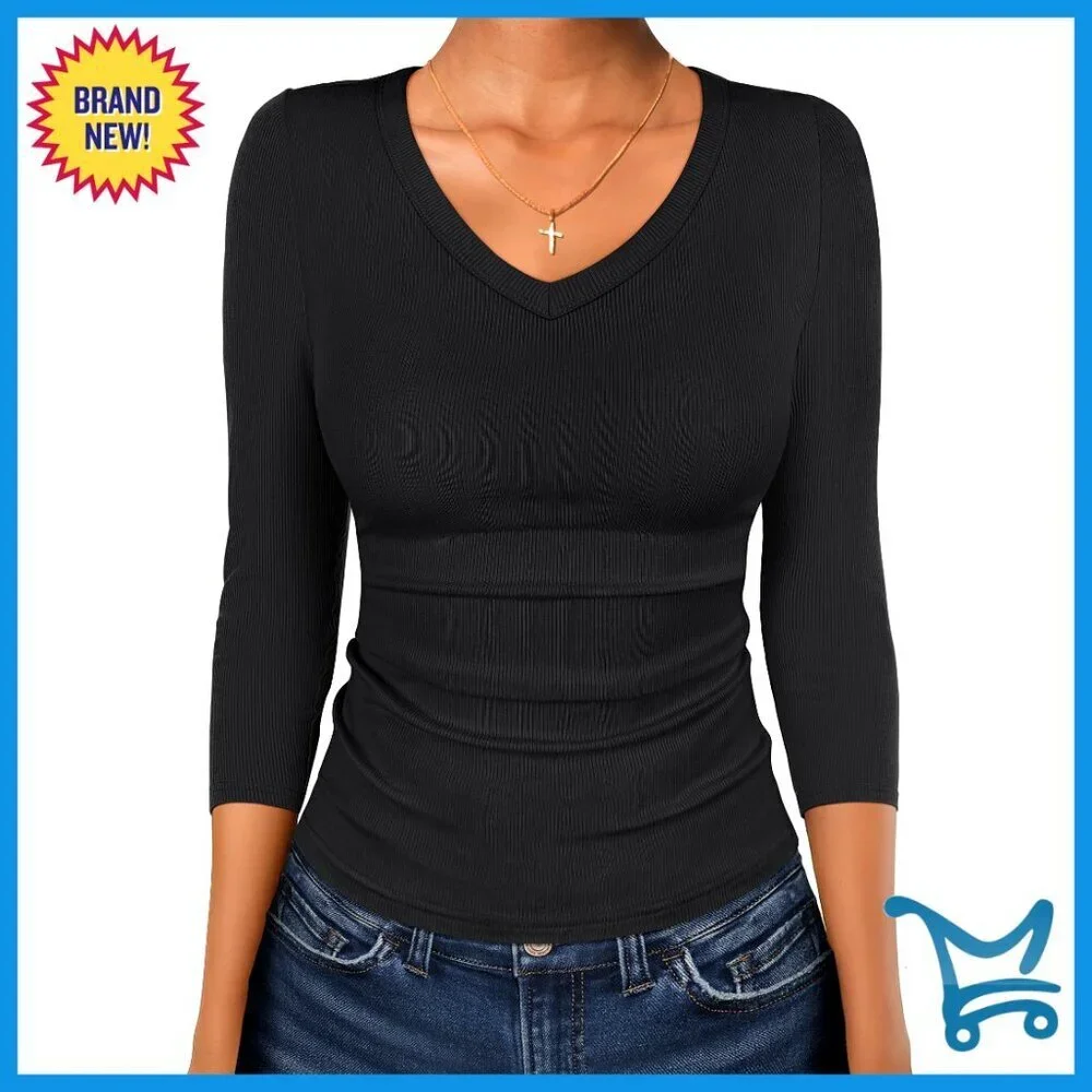 Ribbed Knit V-Neck Top 3/4 Sleeve Slim Fit Casual Chic Fall Fashion Tee